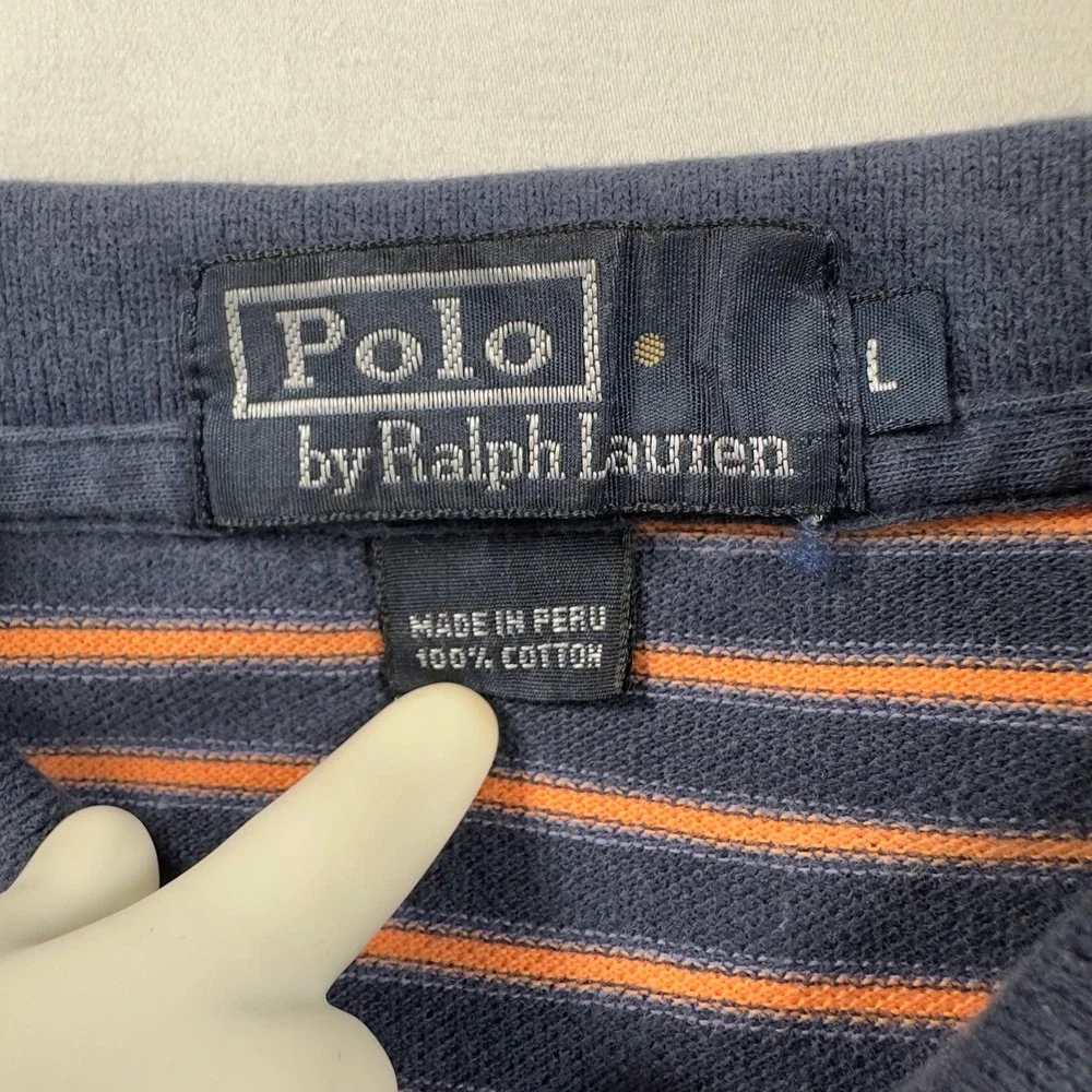Polo Ralph Lauren Shirt Men's Large Navy Orange Striped Golf Cotton Short Sleeve
